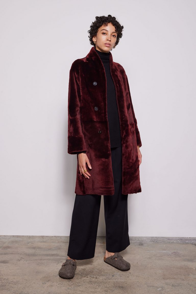 Burgundy Turned Edge Stand Collar Shearling Coat - model full length front wool out - women | Gushlow & Cole