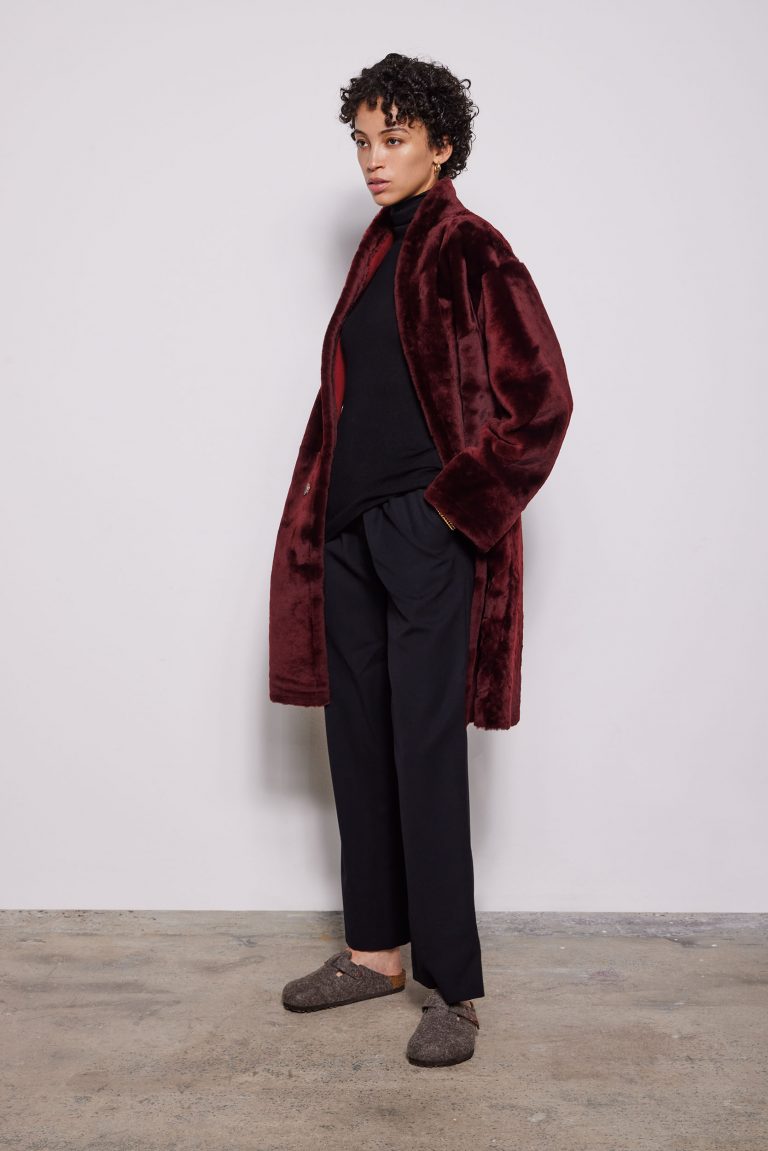 Burgundy Turned Edge Stand Collar Shearling Coat - model full length side wool out - women | Gushlow & Cole