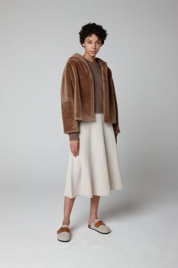 Camel Hooded Shearling Jacket - model full length open - women | Gushlow & Cole