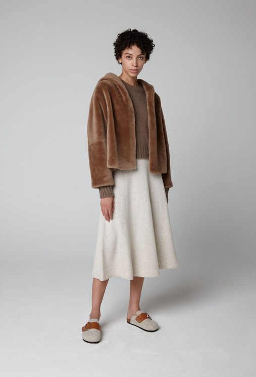 Camel Hooded Shearling Jacket | Women | Gushlow & Cole