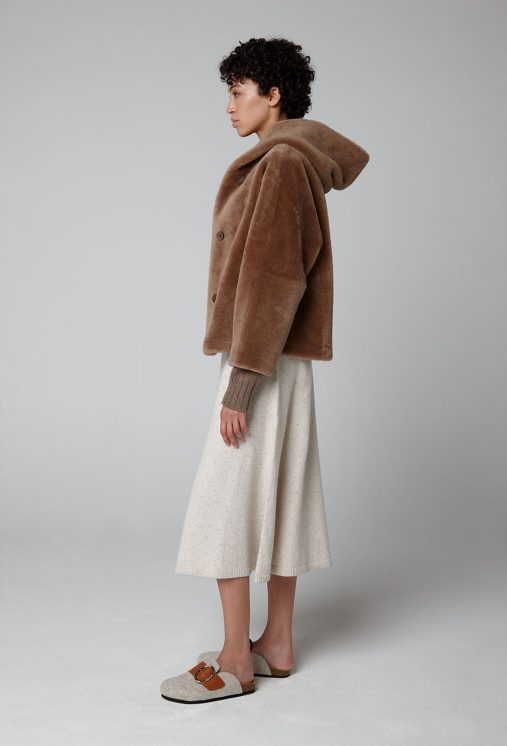 Camel Hooded Shearling Jacket | Women | Gushlow & Cole