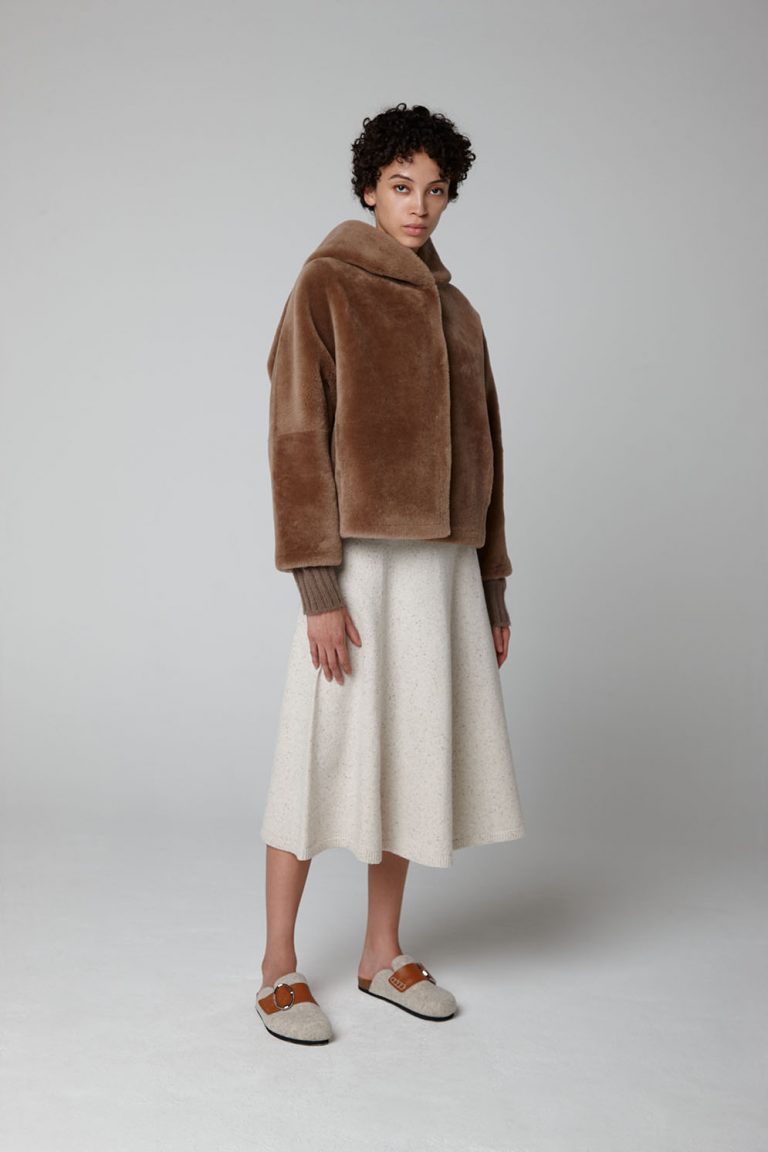 Camel Hooded Shearling Jacket - model full length closed - women | Gushlow & Cole