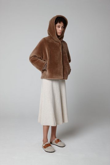 Camel Hooded Shearling Jacket - model full length hood up - women | Gushlow & Cole