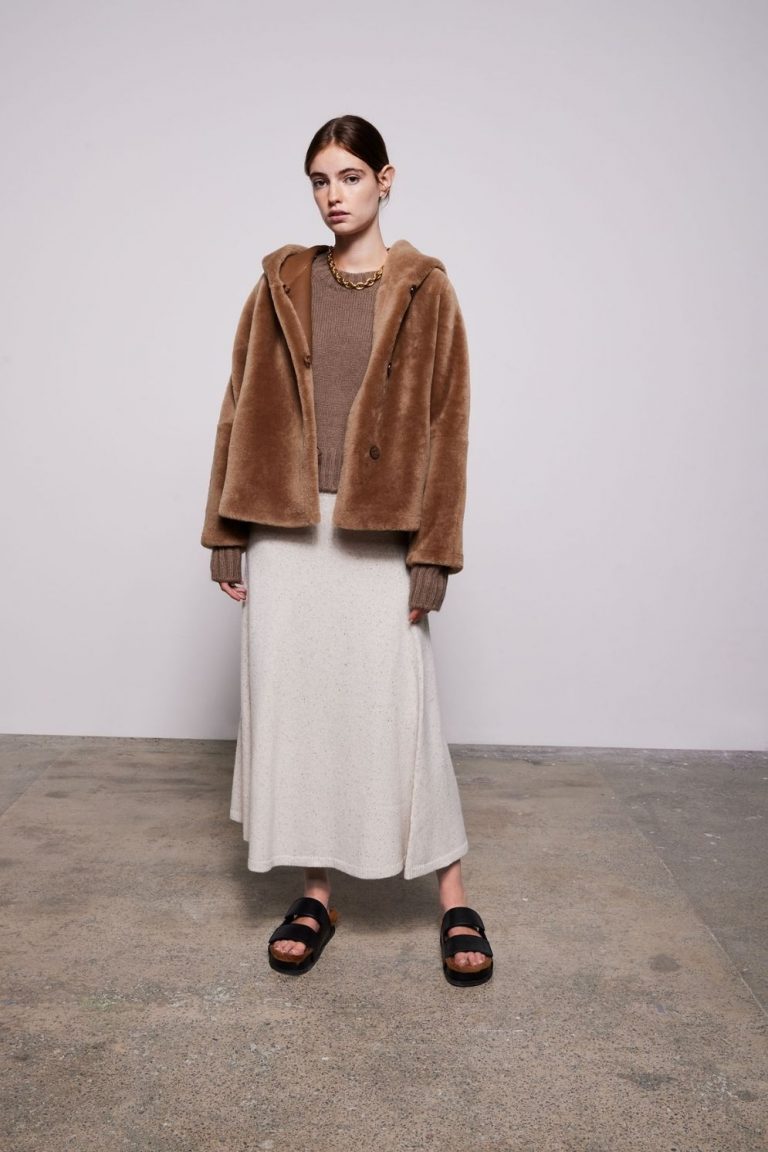 Camel Hooded Shearling Jacket - model full length front - women | Gushlow & Cole