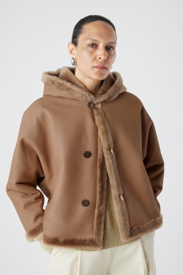 Camel Hooded Shearling Jacket | Womens | Gushlow & Cole-model crop jacket closed leather out