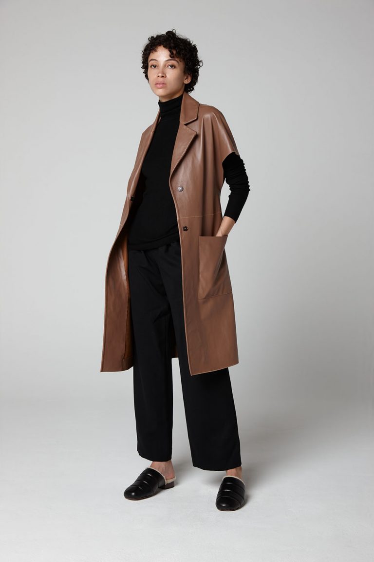 Camel Leather Mac Gilet - model full length open - women | gushlow & cole