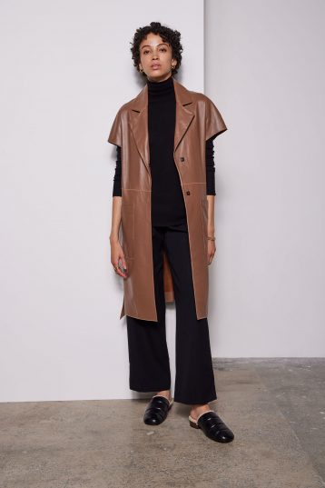 Camel Leather Mac Gilet - model full length front - women | gushlow & cole