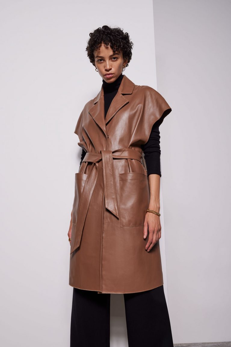 Camel Leather Mac Gilet - model crop front - women | gushlow & cole