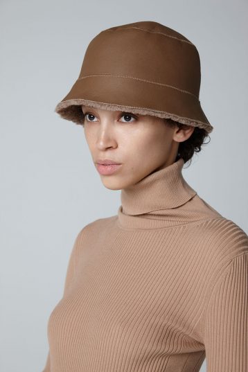 Camel Shearling Bucket Hat - model - women | gushlow & cole