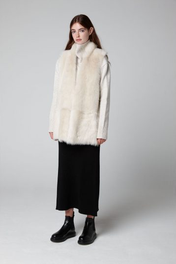 Cream Mid Length Rough Cut Mixed Shearling Gilet - model full length wool out - women | gushlow & cole