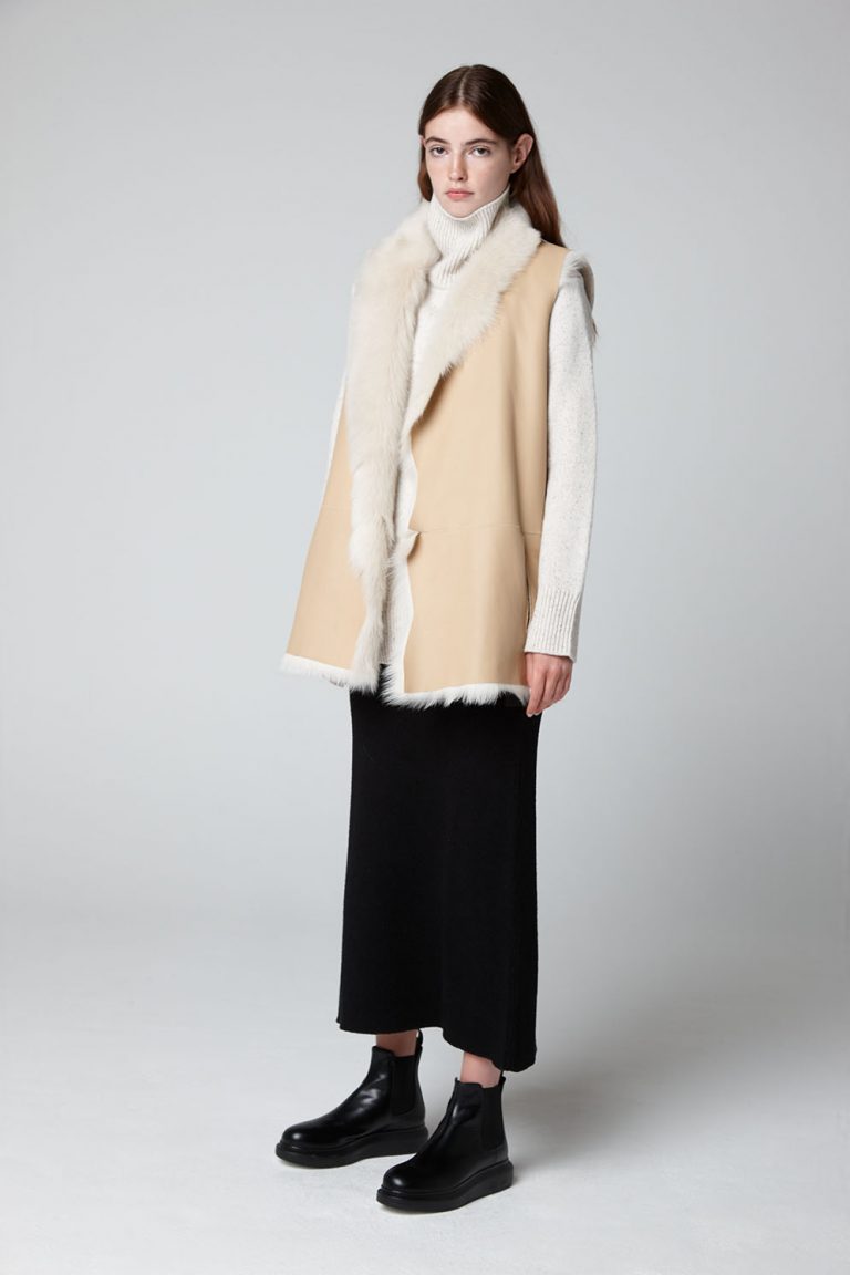 Cream Mid Length Rough Cut Mixed Shearling Gilet - model full length wool in - women | gushlow & cole