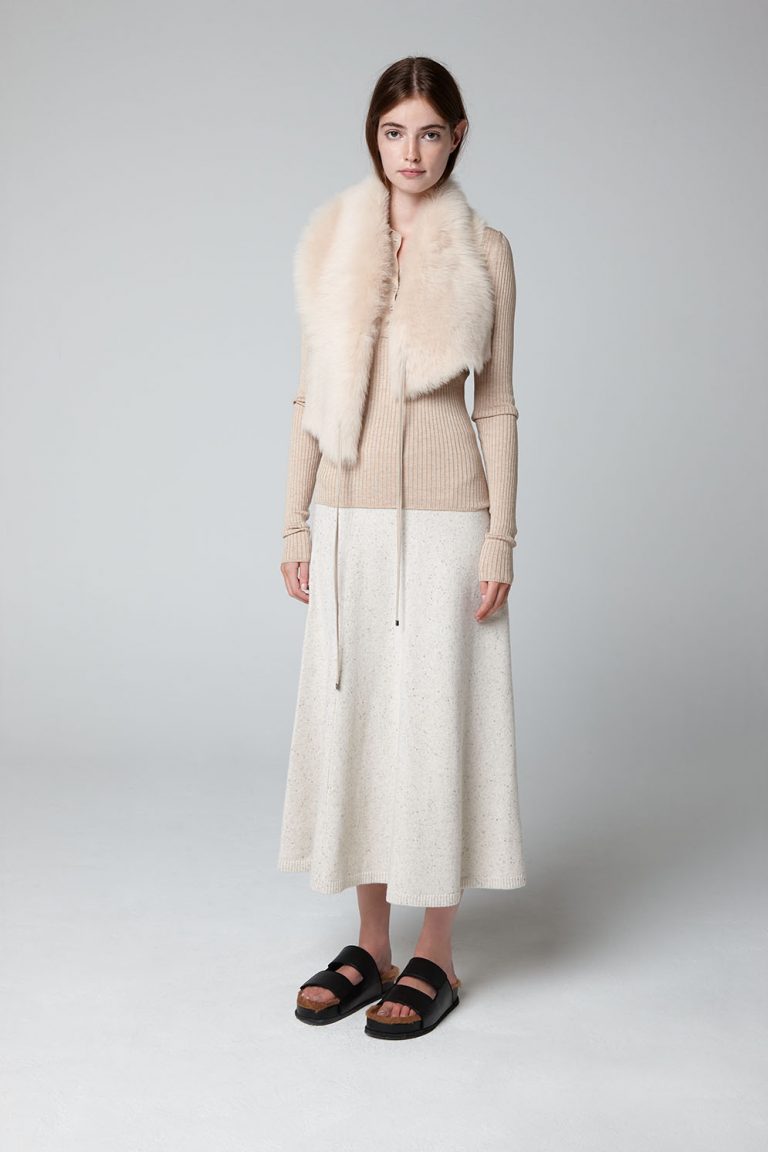 Cream Shearling Shawl Scarf - model down - women | Gushlow & Cole