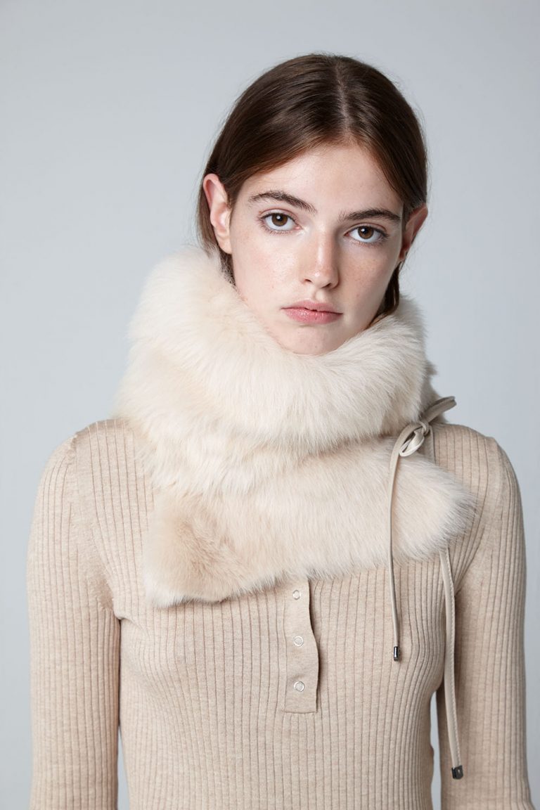 Cream Shearling Shawl Scarf - model tied - women | Gushlow & Cole