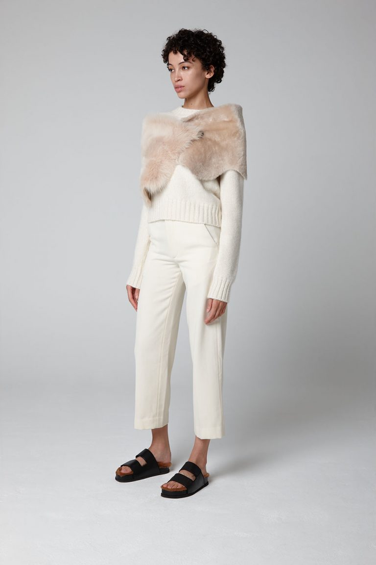 Cream Small Shearling Double Shawl Scarf - model full length shrug - women | Gushlow & Cole