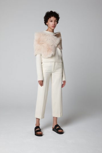 Cream Small Shearling Double Shawl Scarf - model full length - women | Gushlow & Cole