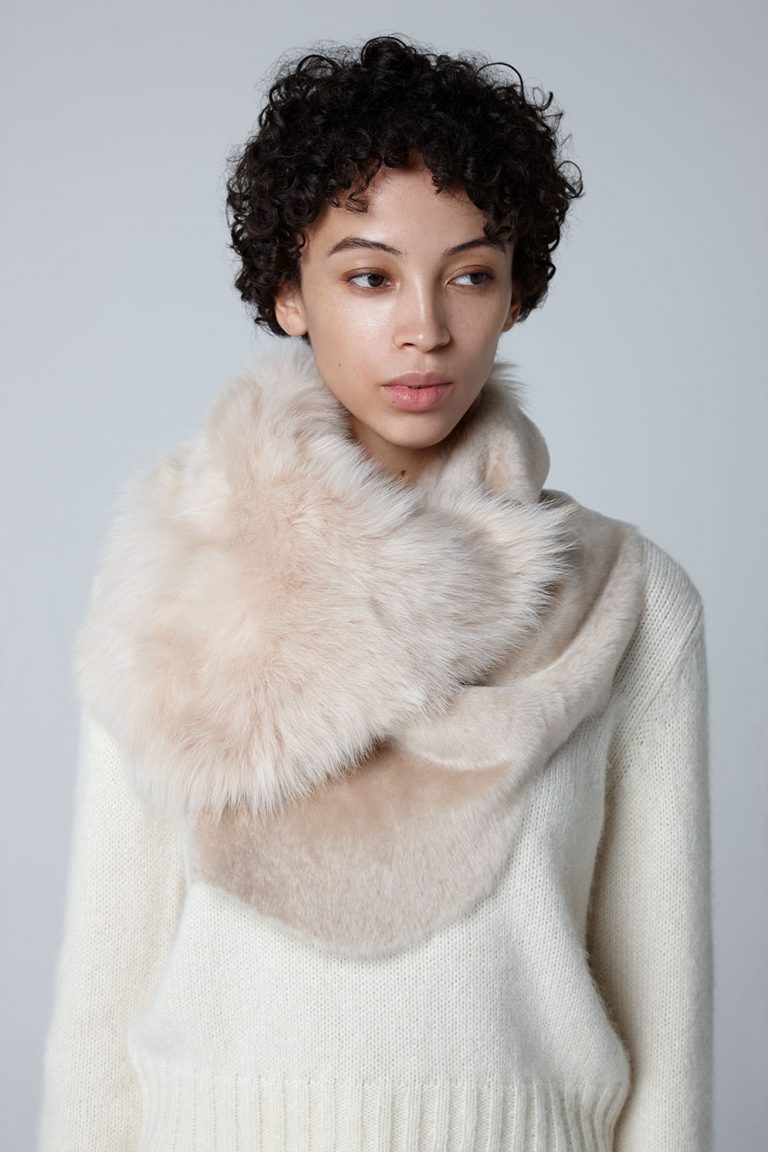 Cream Small Shearling Double Shawl Scarf - model crop - women | Gushlow & Cole