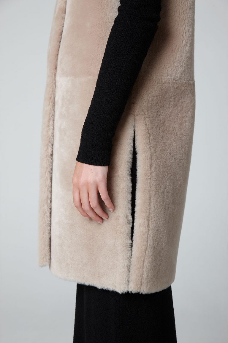 Ecru Long Side Split Shearling Gilet - model full length crop - women | gushlow & cole