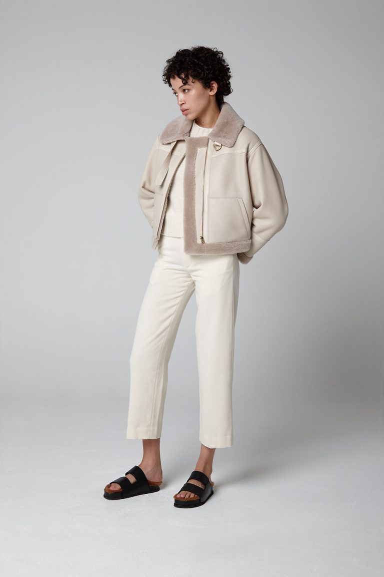 Ecru Shearling Aviator Jacket - model full length wool in open - women | gushlow & cole