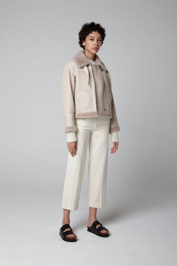Ecru Shearling Aviator Jacket - model full length wool in - women | gushlow & cole