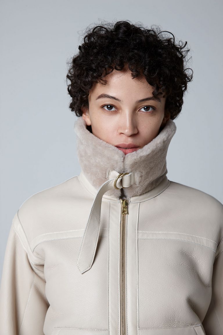 Ecru Shearling Aviator Jacket - model full length wool in crop - women | gushlow & cole
