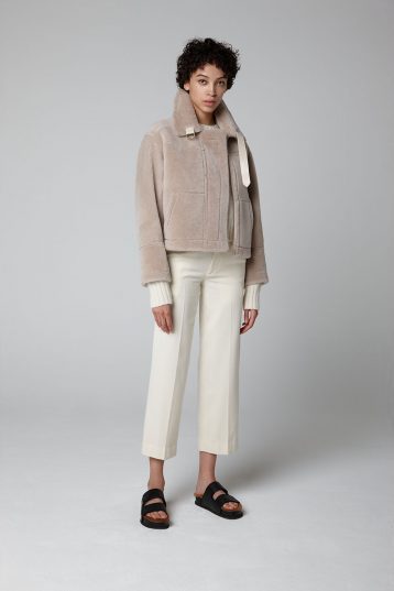 Ecru Shearling Aviator Jacket - model full length wool out - women | gushlow & cole