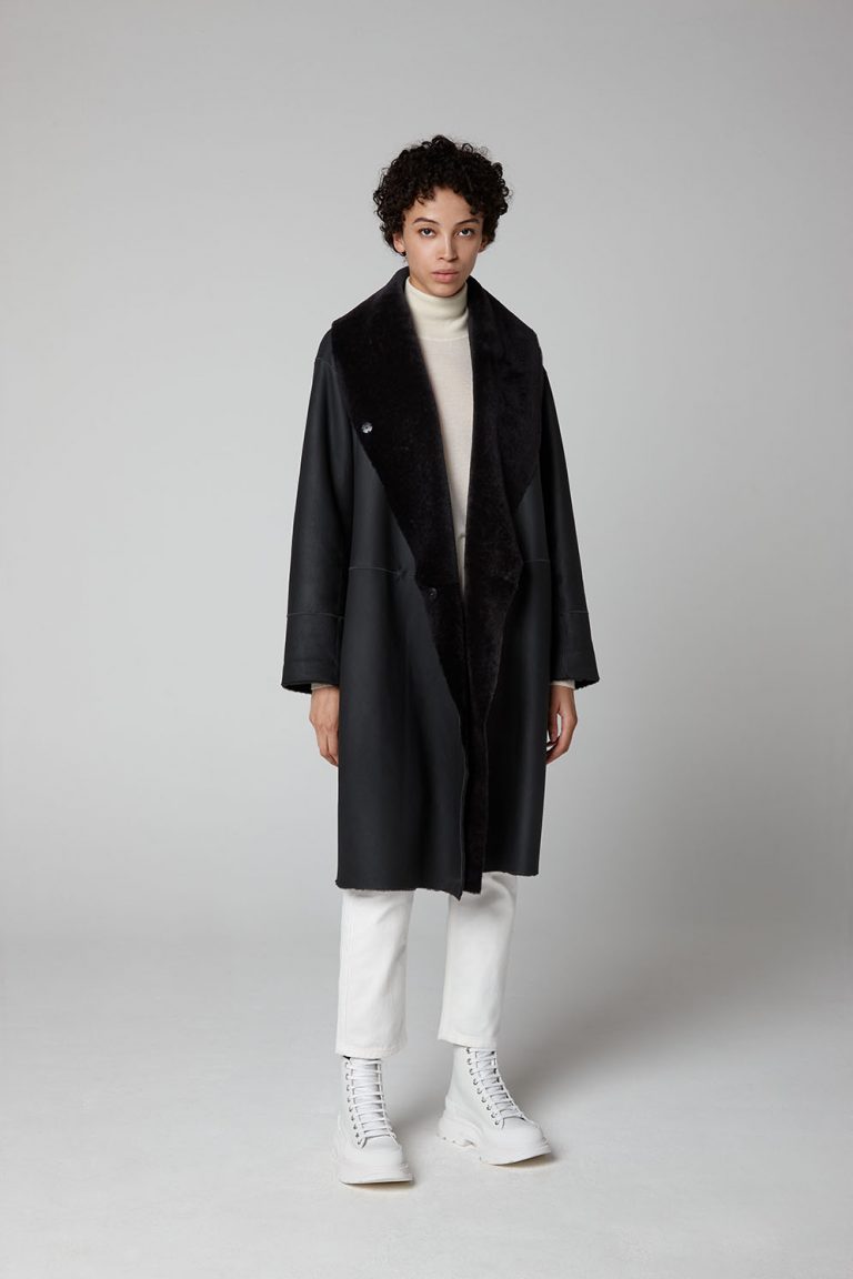 Graphite Black Long Lapel 3/4 Shearling Coat - model full length open - gushlow & cole