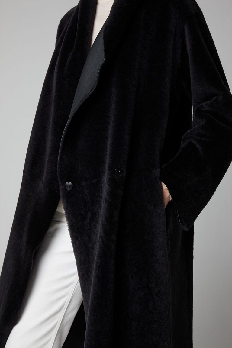 Graphite Black Long Lapel 3/4 Shearling Coat - model crop - gushlow & cole