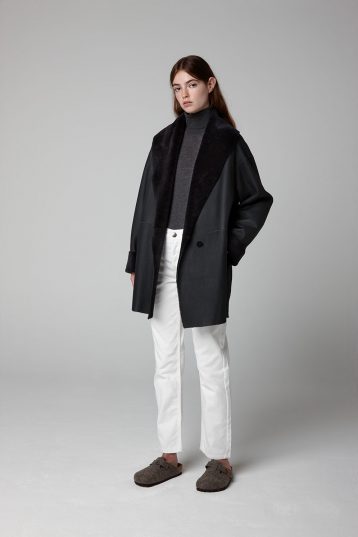 Graphite Black Mid Length Shearling Shawl Coat - full length wool in - women | Gushlow & Cole