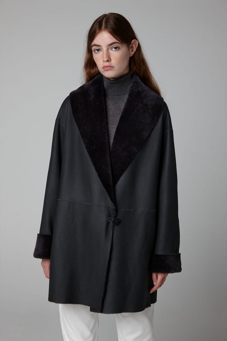 Graphite Black Mid Length Shearling Shawl Coat - crop - women | Gushlow & Cole