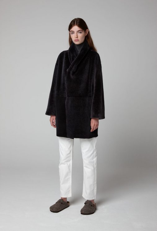 Black Mid Length Shearling Shawl Coat Womens Gushlow Cole