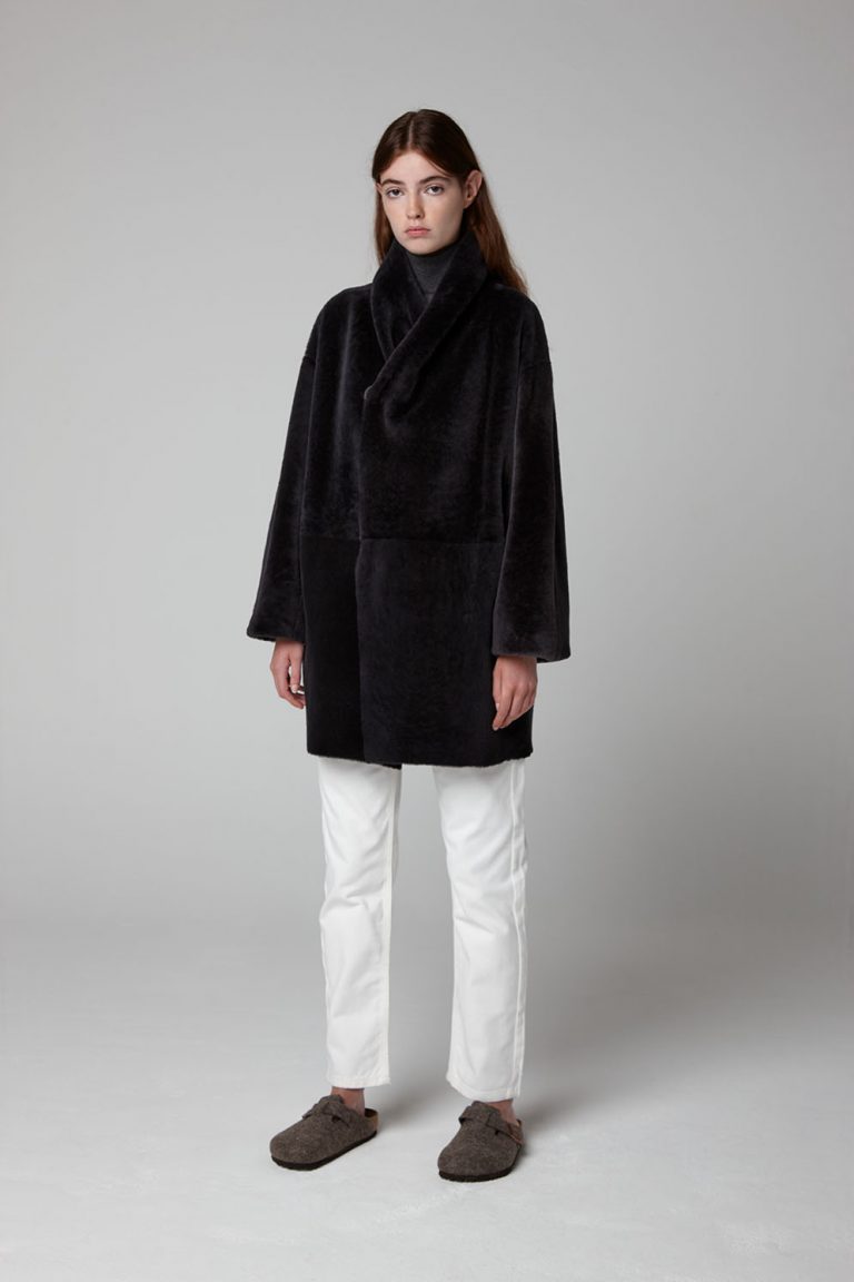 Graphite Black Mid Length Shearling Shawl Coat - full length wool out - women | Gushlow & Cole