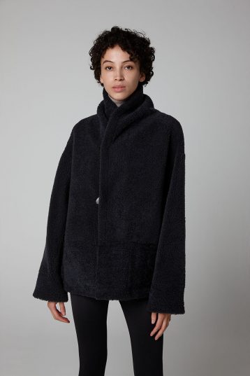 Graphite Black Oversized Patch Pocket Shearling Jacket - model crop front wool out - women | gushlow & cole