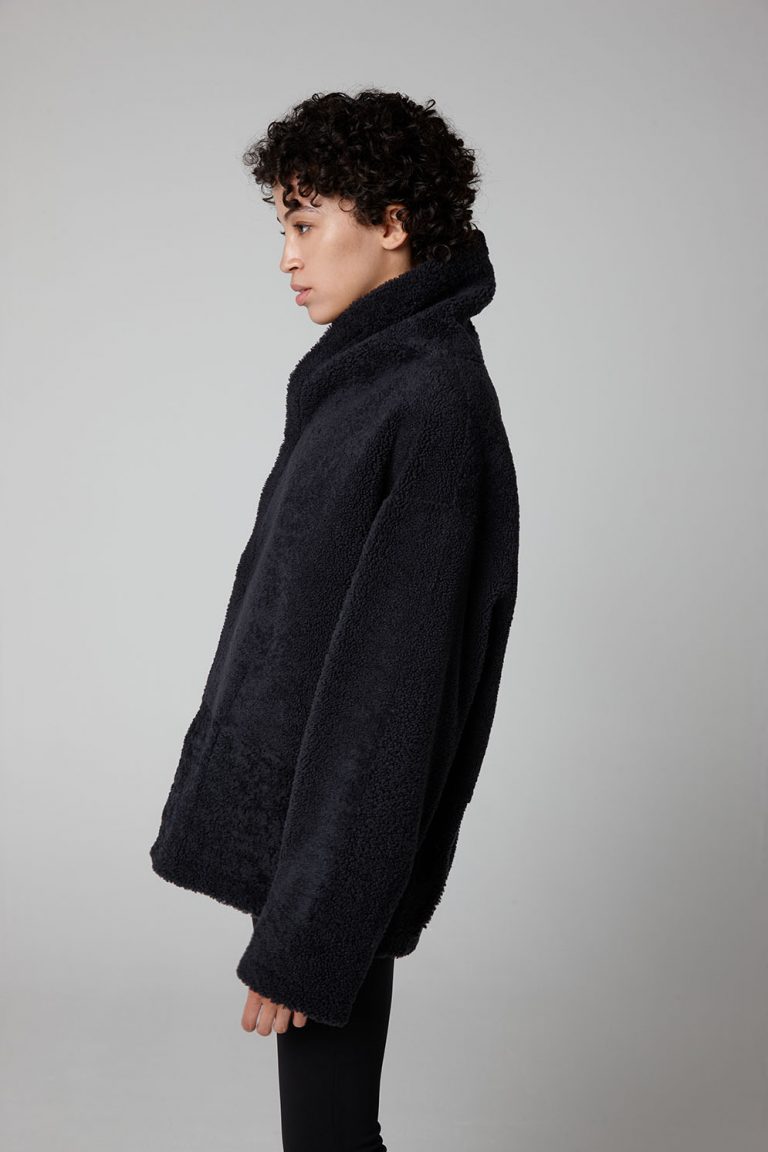 Graphite Black Oversized Patch Pocket Shearling Jacket - model crop side wool out - women | gushlow & cole