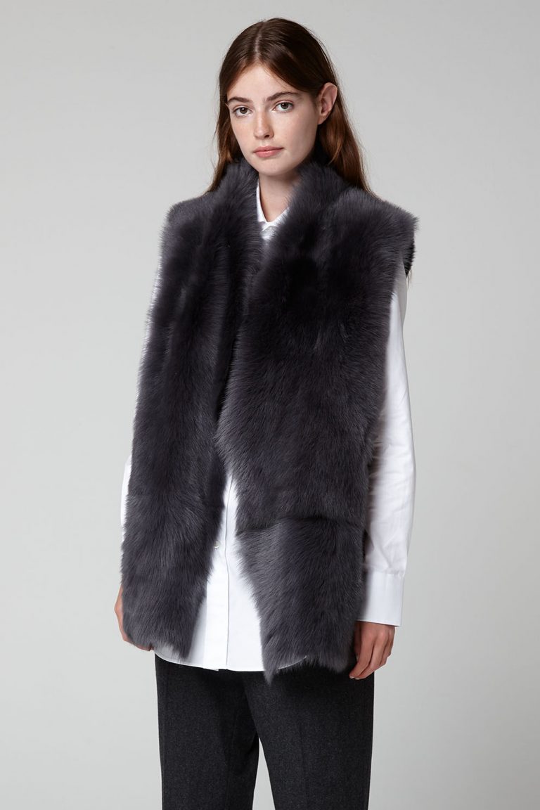 Graphite Black Mid Length Rough Cut Mixed Shearling Gilet - model crop wool out - women | gushlow & cole