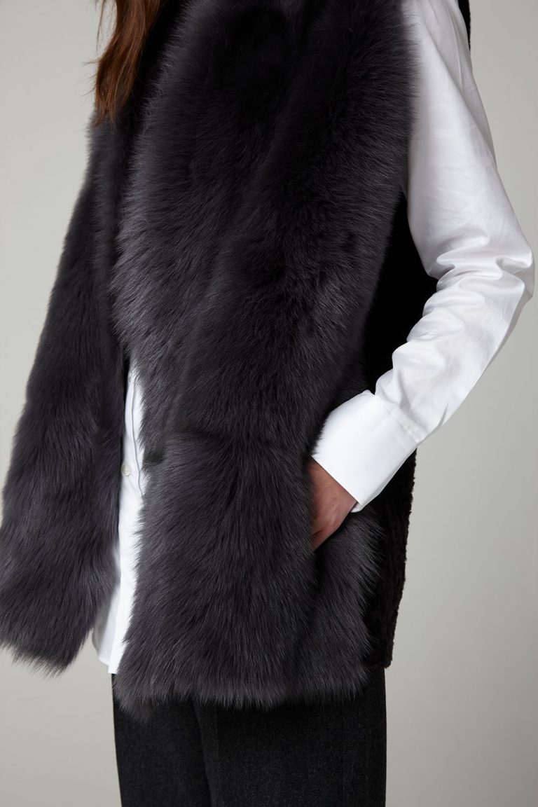 Graphite Black Mid Length Rough Cut Mixed Shearling Gilet - model crop - women | gushlow & cole