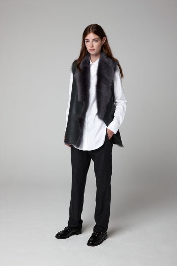 Graphite Black Mid Length Rough Cut Mixed Shearling Gilet - model full length wool in - women | gushlow & cole