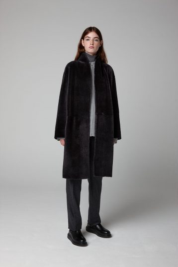 Graphite Black Stand Collar Shearling Coat - model full length - women | gushlow & cole