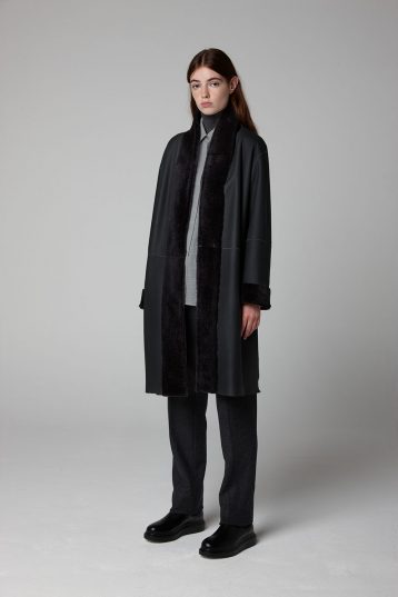 Graphite Black Stand Collar Shearling Coat - model full length reverse - women | gushlow & cole