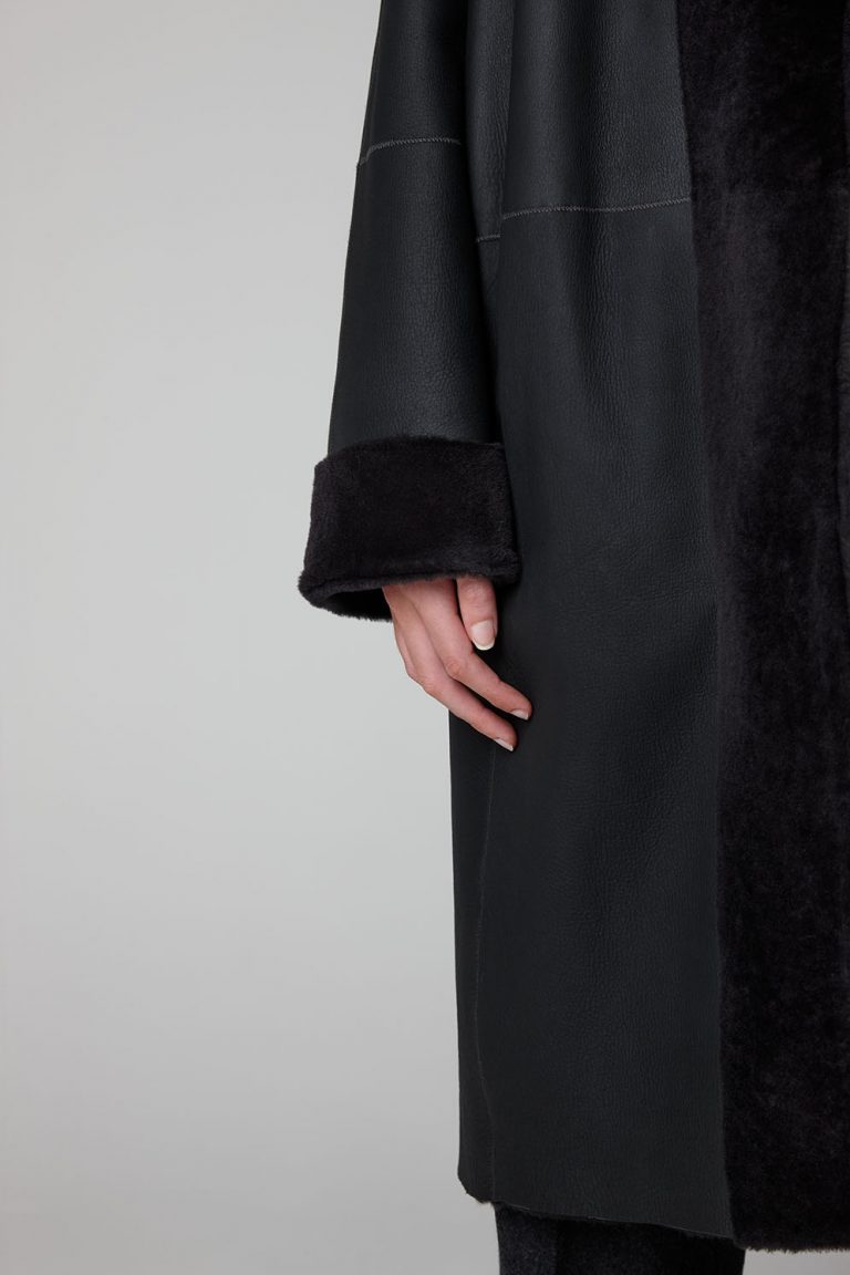 Graphite Black Stand Collar Shearling Coat - model crop - women | gushlow & cole