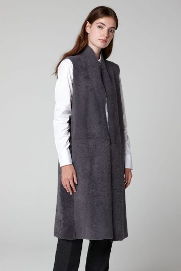 Grey Stand Collar Long Shearling Gilet - model crop wool out - women | gushlow & cole