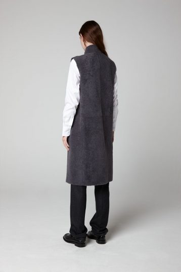 Grey Stand Collar Long Shearling Gilet - model full length back - women | gushlow & cole