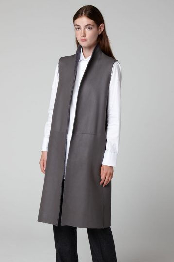 Grey Stand Collar Long Shearling Gilet - model crop wool in - women | gushlow & cole