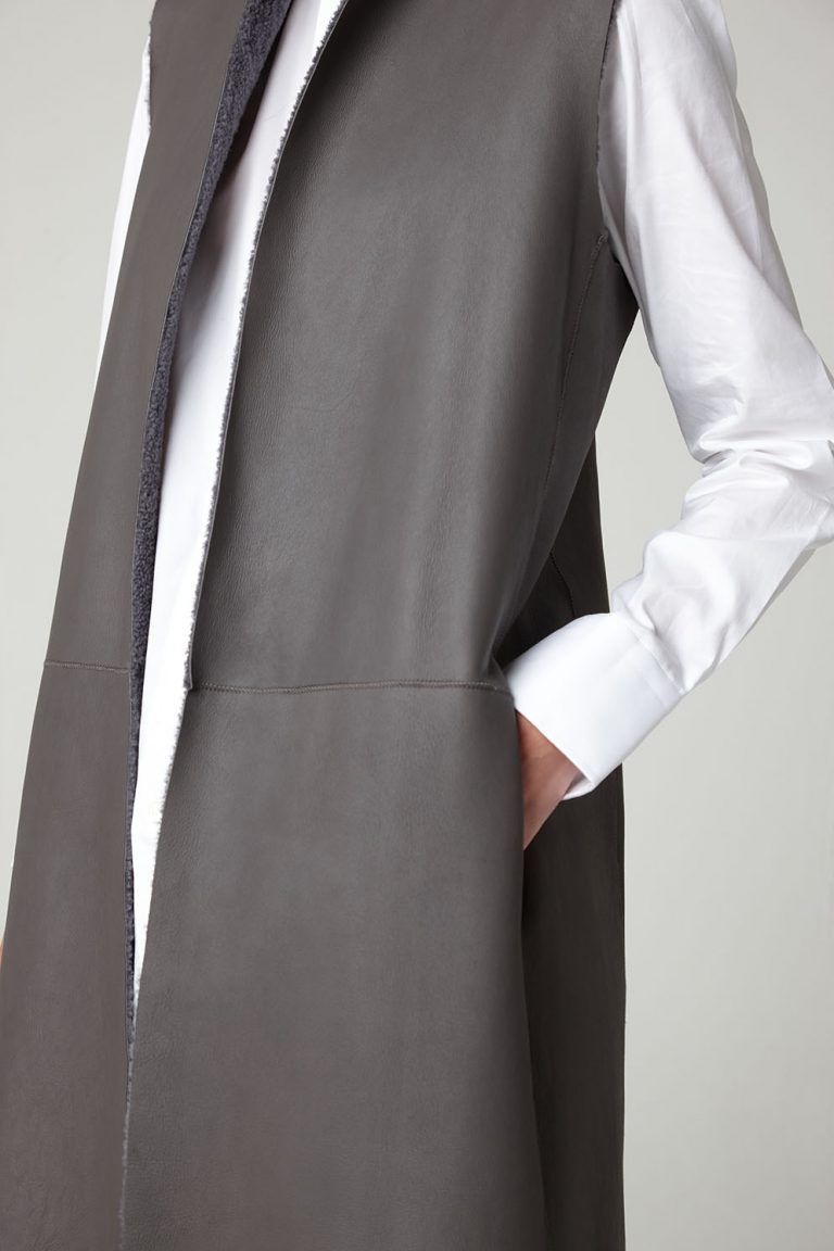 Grey Stand Collar Long Shearling Gilet - crop - women | gushlow & cole