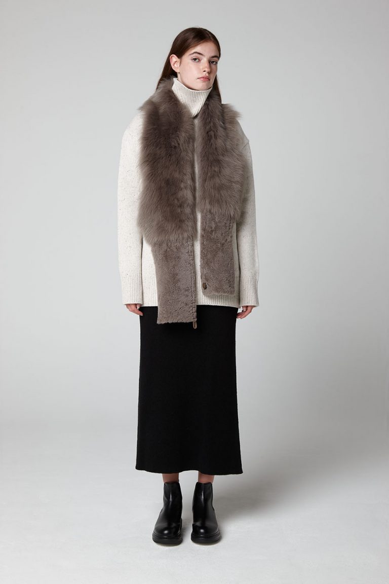 Khaki Green Shearling Gilet Scarf - model full length - women | Gushlow & Cole
