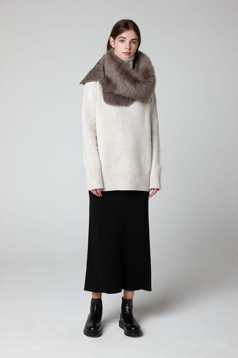 Khaki Green Shearling Gilet Scarf - model full length snood - women | Gushlow & Cole