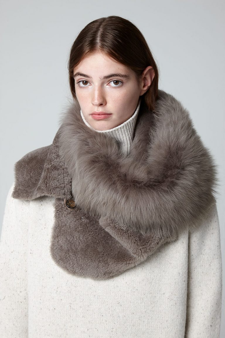 Khaki Green Shearling Gilet Scarf - model crop snood - women | Gushlow & Cole