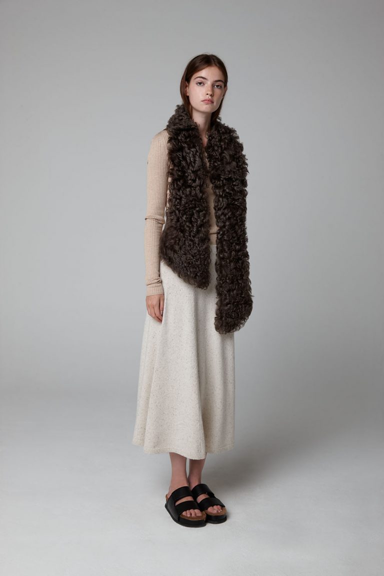 Moss Brown Long Curly Shearling Scarf - model full length - women | Gushlow & Cole