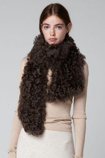 Moss Brown Long Curly Shearling Scarf - model crop - women | Gushlow & Cole