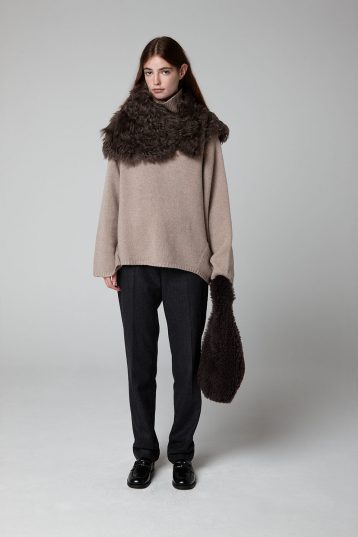 Moss Brown Two Button Shearling Snood Scarf - model full length snood - women | Gushlow & Cole