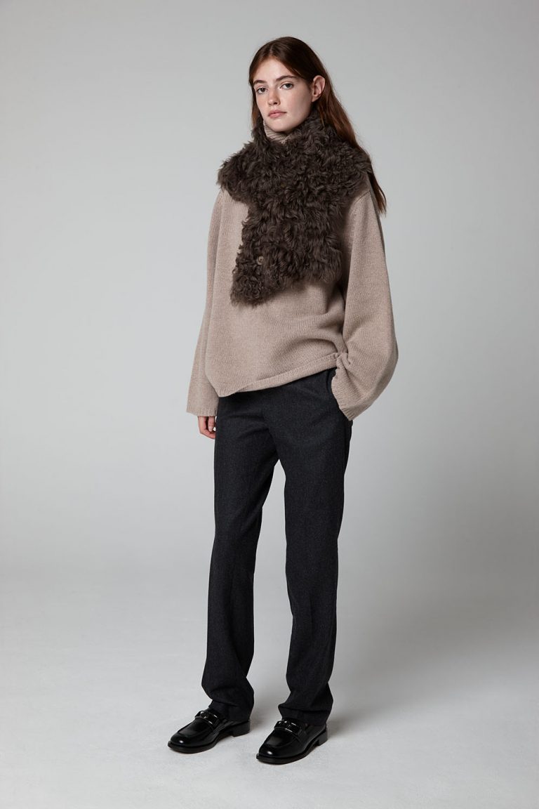 Moss Brown Two Button Shearling Snood Scarf - model full length - women | Gushlow & Cole